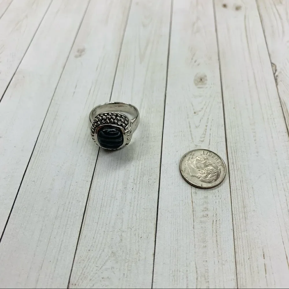 Black Striped Glass Silver Ring‎